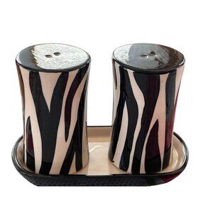 Zebra Print Ceramic Salt & Pepper Shakers With Matching Tray BLK WHT  Stylish!